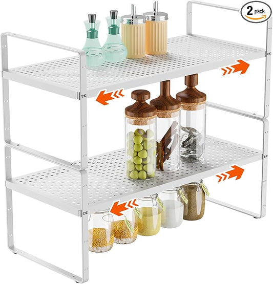 2Pack 16.5-27’’L Expandable Stackable Cabinet Shelves, Adjustable Spice Rack Cabinet Shelf Organizer for Kitchen, Countertop, Pantry and Cupboard, White-NeatNest
