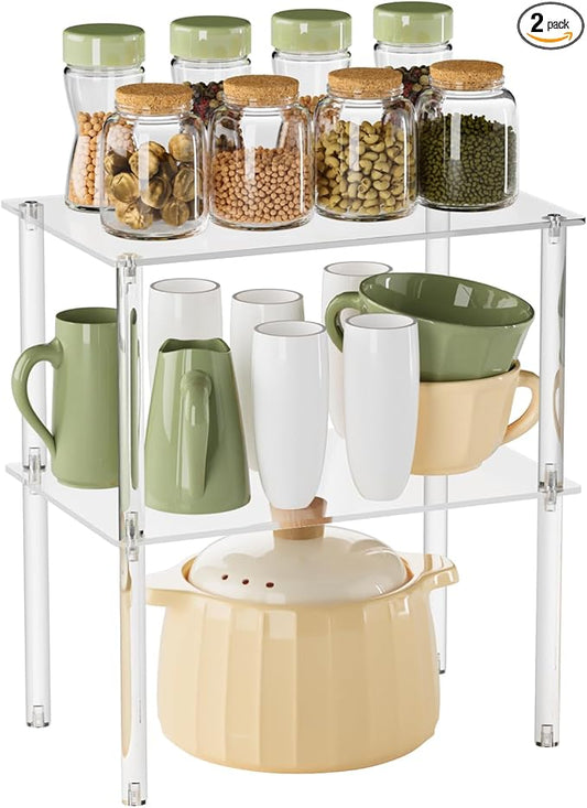 2 Pack Acrylic Cabinet Organizer, Clear Cabinet Organizer Shelf, Stackable, Expandable, Spice Rack, Adjustable Counter Shelf for Makeup, Bathroom, Cupboard, Desk, Kitchen Pantry Organization-NeatNest