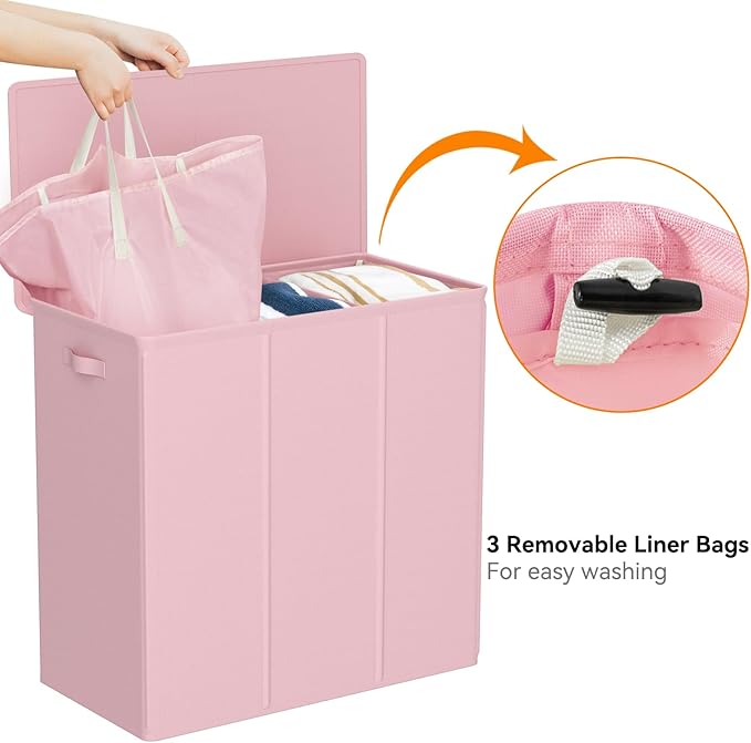 WOWLIVE 180L Laundry Hamper with Lid 3 Section,Large Laundry Basket with Removable Bags and Handles,Collapsible Dirty Clothes Hampers for Laundry,Laundry Basket Organizer for Laundry Room,Dorm,Pink-NeatNest