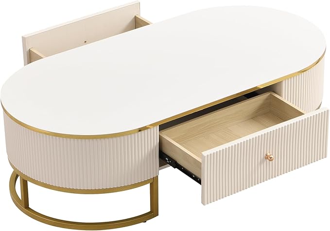 47.2" Modern Oval Coffee Table with Drawers, Curved Profile Design, Gold Metal Decor End Tables Sofa Table for Living Room Office Bedroom Balcony, White & Gold