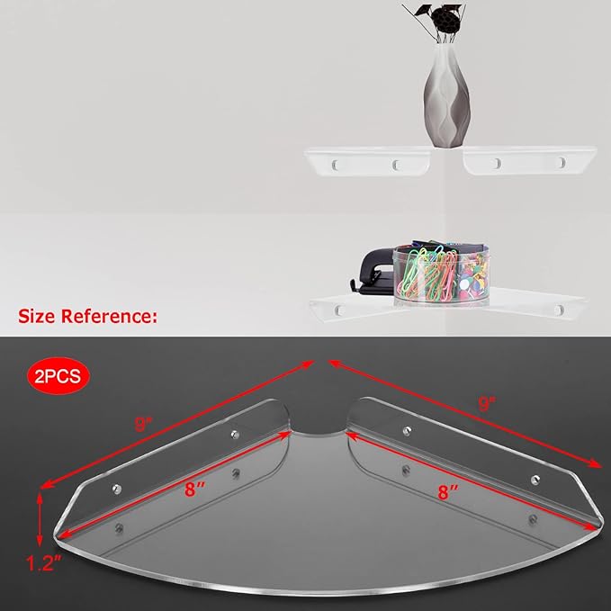 Cosmos 2 Pcs Acrylic Wall Mount Floating Corner Shelves Quarter Round Shower Shelf Hanging Corner Shelves Wall Storage Display Organizer for Bathroom Kitchen Bedroom Living Room (Transparent Clear)-NeatNest