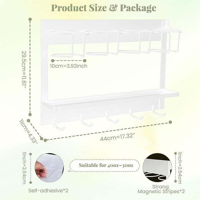 CINPIUK Water Bottle Organizer Holder, Magnetic Mug Hook Storage for Stanley & Large Tumbler, Space Saving Wall Mount Mug Organizer with 5 Hook, Easy to Install, White-NeatNest