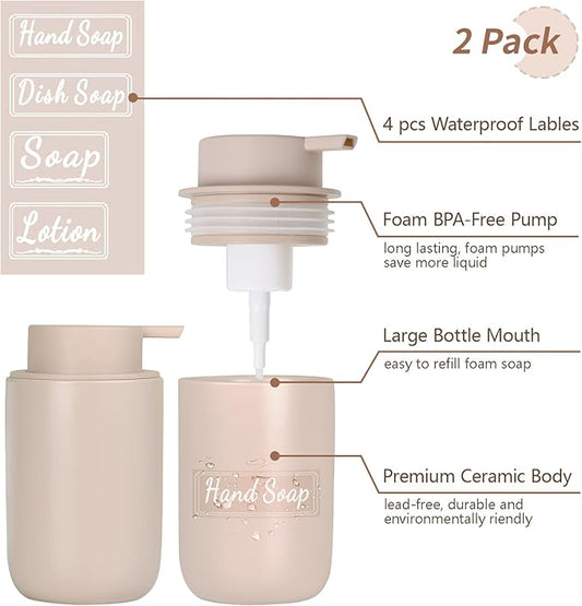 BosilunLife Foaming Soap Dispenser Set - Khaki Ceramic Foam Hand Dispenser 12oz Soap Dispenser Set with Rust Proof Pump, 4Pcs Clear Stickers for Kitchen, Bathroom - 2 Pack-NeatNest