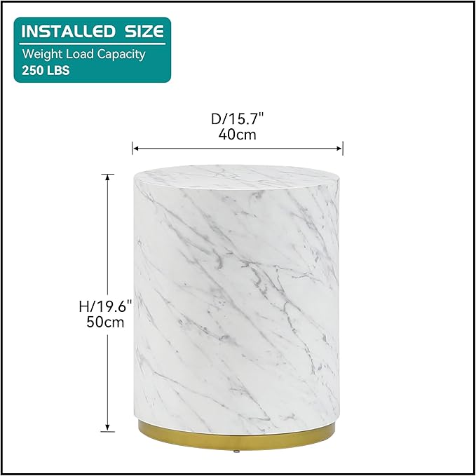 kevinplus White Side Table End Table for Living Room, Circle Wood, Faux Marble Grain, White & Gold (ø15.7'' x 19.6'')
