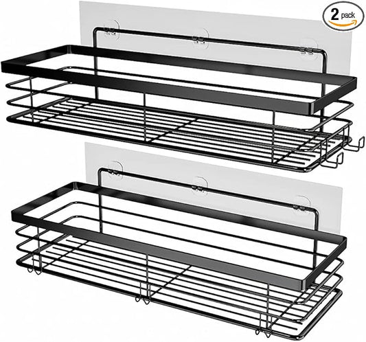 Orimade Shower Caddy with 5 Hooks for Hanging Razor and Sponge Adhesive Shower Shelf Basket Bathroom Storage Organizer Kitchen Rack No Drilling Stainless Steel Rustproof - 2 Pack,Black