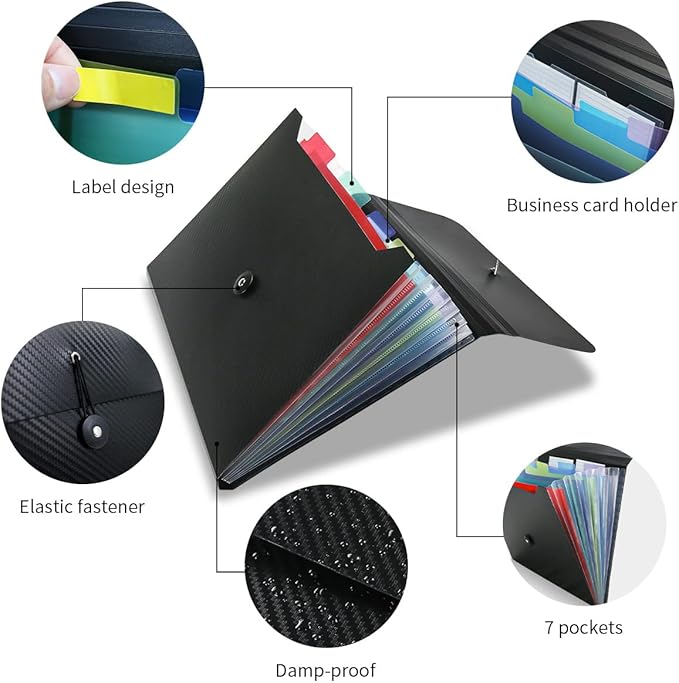 Expandable File Folders, Expanding Receipt Organizer, Accordion Folder File Folders, Important Document Organizer, Accordion Folder for Office/School/Home (Black Cover)