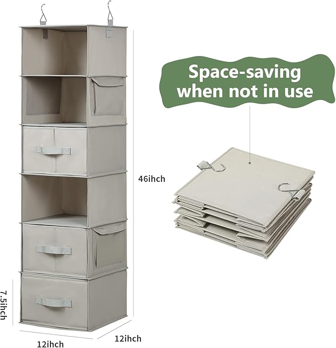 Vailando 6-Shelf Hanging Closet Organizer, Hanging Shelves for Closet with 2 Large Drawer&1 Drawer w/Compartment, 12'' x 12'' x 48.8'', Baby Organizer for Nursery…-NeatNest