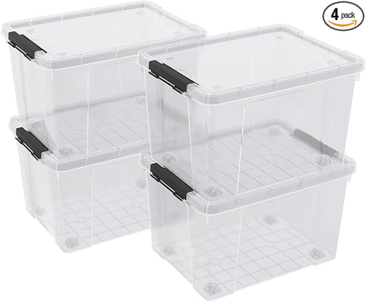 32 Quart Clear Plastic Latch Storage Bins with Wheels, 4 Pack Large Clear Plastic Storage Box with Lid