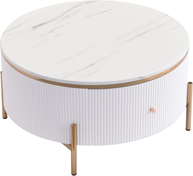 31.5" Modern Round Coffee Table with 2 Large Drawers Storage Accent Table Multiple End Tables Center Table Sofa Table Utility Table for Living Room Office Bedroom Balcony, White & Gold