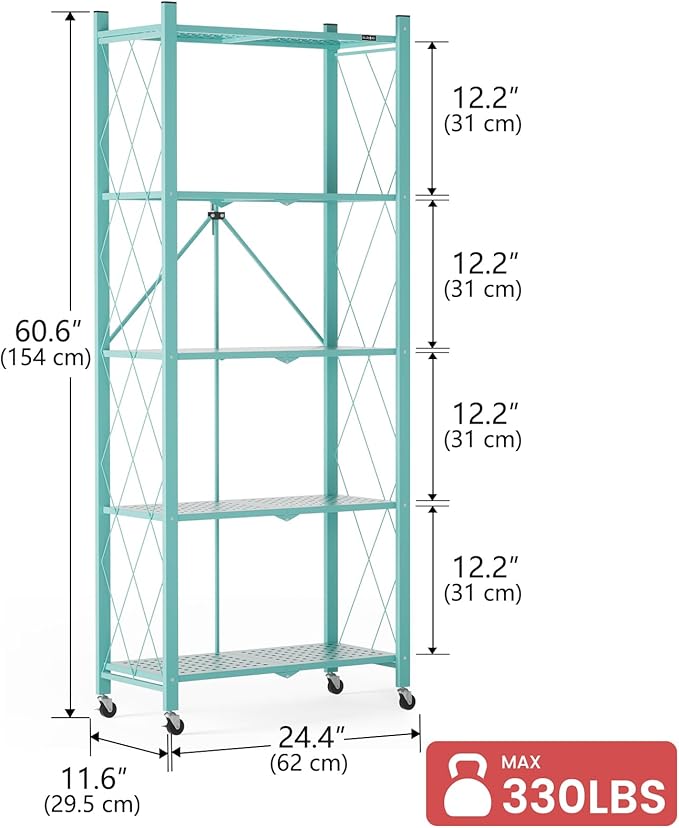 ALANNG 2-Pack Folding Bookshelf on Wheels, Cute Rolling Shelves for Bedroom, Colorful Storage Cart for Kids Rooms, Nursery, No Assembly Metal Book Shelf (5 Tier, Mint Green)