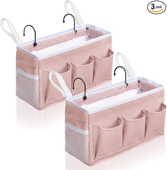 2Pcs Beside Caddy Storage Organizer, Hanging Bag Holder with Pockets for Bedroom, Loft Bed Tent, Bed Curtain, Top Bunk bed Shelf Accessories Bedside Caddy 3-pocket (Pink-2pcs)-NeatNest