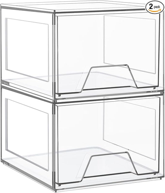 2 Pack Stackable Makeup Organizer, 4.4'' Tall Acrylic Bathroom Organizer and Storage Drawers, Clear Plastic Drawer Storage Bins For Vanity, Undersink, Cabinets, Pantry-NeatNest