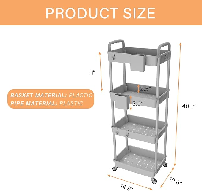 4 Tier Rolling Utility Cart with Handle,REBECAT Utility Cart Made of Multifunctional Storage Organizer Tool for Kitchen,Bathroom,Living Room,Office(Gray)-NeatNest
