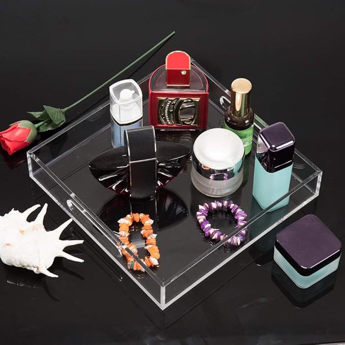 Clear Sturdy Acrylic Serving Tray with Handles - 10x10Inch - Coffee, Appetizer, Breakfast, Butler Tray - Kitchen Countertop & Vanity Table Organizer-NeatNest