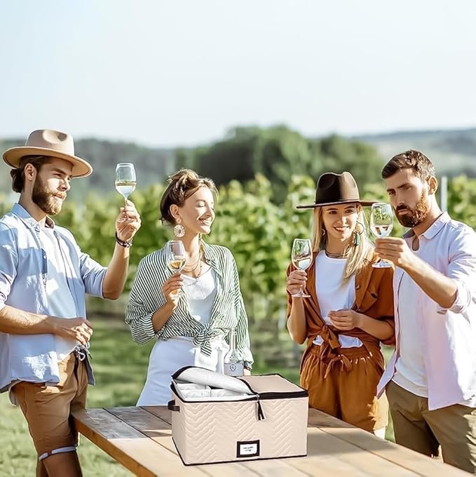 Champagne Flute Glass Storage Box with Dividers - Holds 12 Champagne Flute Glass up to 3" Wide - Stemware Storage Case - Protects Fine China - Durable Quilted Microfiber Bin with Carry Handles-NeatNest