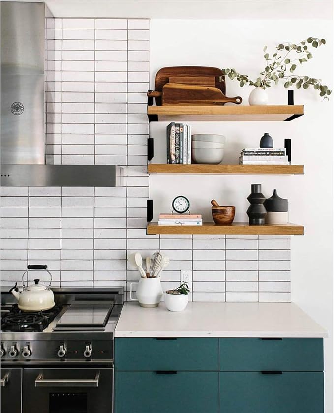 Heavy Duty Angle Shelf Brackets 8 Inch Anti-Rust Floating Shelves Support Brackets Decorative Shelf Brackets Industrial Rustic Farmhouse Flat Curved Black for 8-10 Inch Board( 4-Pack Hardware Only)-NeatNest