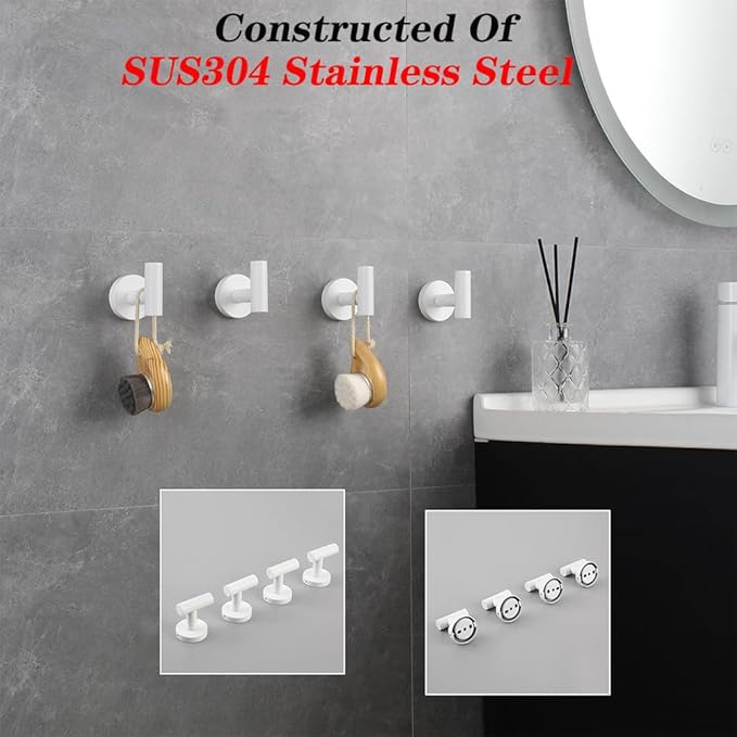 GERZWY Stainless Steel Towel Hook Wall Mounted Robe Coat Hook Heavy Duty Luxury Hooks for Bathroom Hotel 4 Pack, White