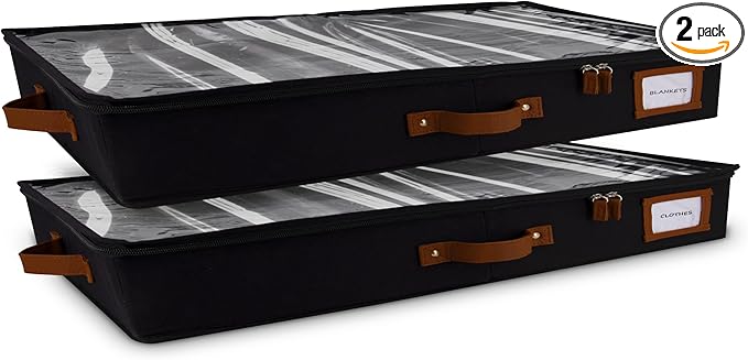 HOMELUX THEORY 2pc Low Profile Under Bed Storage Containers, Thin Under Couch Storage Organizer with Bins & Lids, Underbed Storage Box Ideal for Seasonal Clothes, Blankets, Fabric & Shoes (Black)-NeatNest