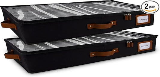 HOMELUX THEORY 2pc Low Profile Under Bed Storage Containers, Thin Under Couch Storage Organizer with Bins & Lids, Underbed Storage Box Ideal for Seasonal Clothes, Blankets, Fabric & Shoes (Black)-NeatNest