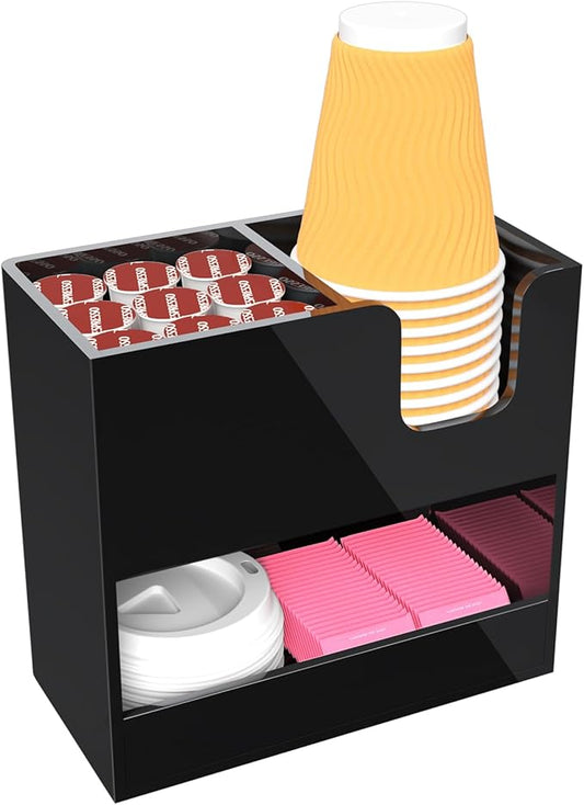 Coffee Condiment and Cup Organizer - 2-Tier Upright Cup and Lid Holder with Straw Organizer 3 Compartments Black Acrylic Cup Dispenser for Restaurant Breakroom Coffee Station Countertop-NeatNest