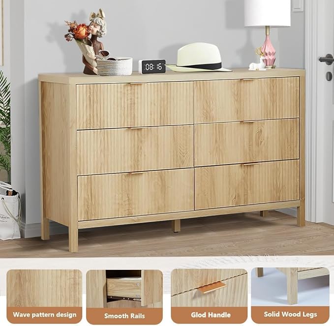 6 Drawer Dresser Cabinet, Long Nightstand with Drawers and Storage Cabinet, Boho Solid Wood Dresser TV Stand, Mid Century Modern Nightstand with 6 Drawer Dresser for Bedroom Closet (Natural)
