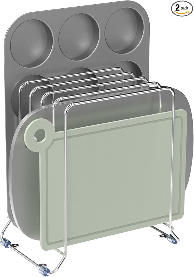 AKAZA 2 Pack-X-Large Kitchen Cabinet Organizer - Storage Tray Organizer Rack for Kitchen Cabinet - Divided Holder with 5 Slots for Skillets, Cutting Board, Baking Sheets(Chrome)