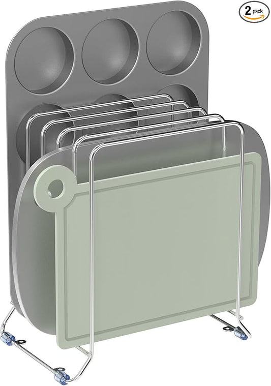 AKAZA 2 Pack-X-Large Kitchen Cabinet Organizer - Storage Tray Organizer Rack for Kitchen Cabinet - Divided Holder with 5 Slots for Skillets, Cutting Board, Baking Sheets(Chrome)