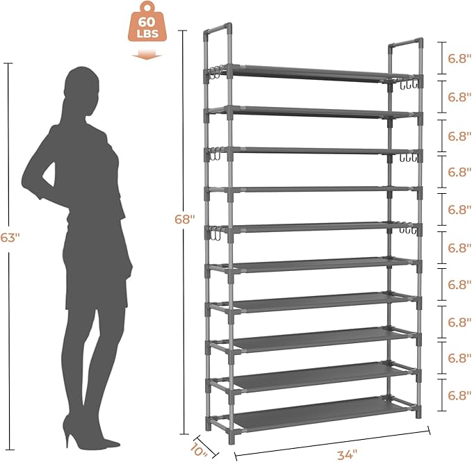 Tall Shoe Rack 10 Tier Shoe Organizer Large Shoe Shelf with 18 Hooks Storage for 50 Pair Sneaker and Boot, Stackable Vertical Shoe Rack Organizer for Closet, Entryway, Bedroom, Grey-NeatNest