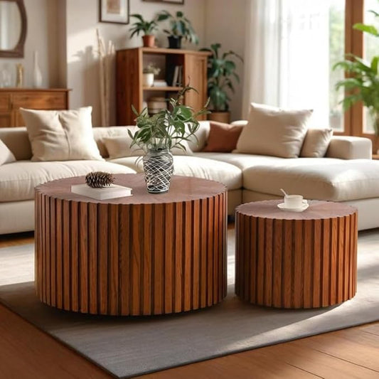 Round Nesting Coffee Table Modern Walnut Fluted Coffee Table Set of 2 Stripe Round Coffee Table Circle Drum Coffee Tables for Living Room (Walnut Large)