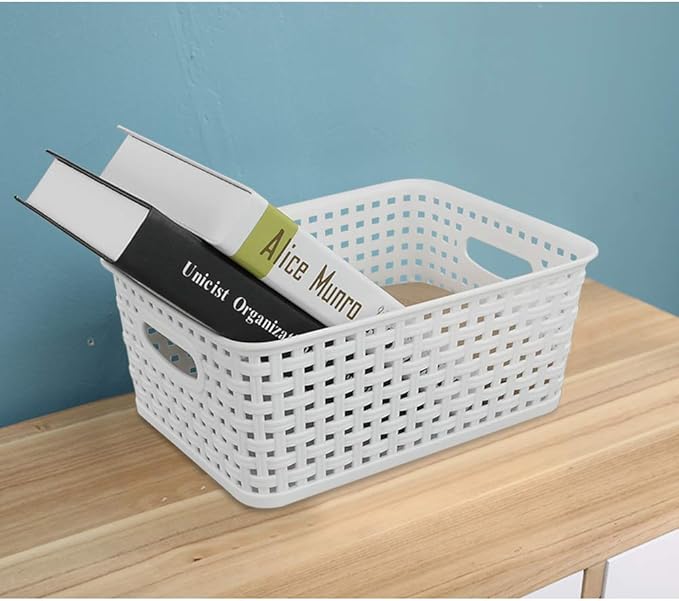 Anbers White Plastic Weave Storage Basket, 10.03" x 7.59" x 4.09", Set of 6-NeatNest