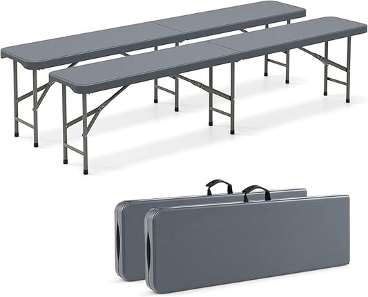 Goplus 6 Feet Plastic Folding Bench, 2 Pack Portable Foldable Bench Seat with 1320 LBS Capacity, HDPE Thickened Long Seat with Handle & Lock, for Outside Picnic Party Camping Dining Soccer Events-NeatNest