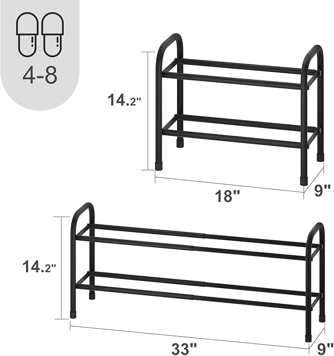 Expandable Shoe Rack, Adjustable Shoes Organizer Metal, Space-Saving Storage Shelf for Closet, Entryway, Front Door & Hallway,Sturdy and Easy Assembly (Black, 2-Tier)