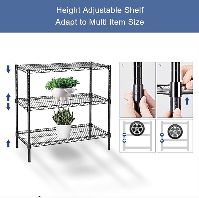 3 Tier Wire Shelving Unit, Adjustable Wire Rack, Metal Storage Shelves for Kitchen, Pantry, Laundry, Bathroom, Closet (13.5" D x 23" W x 31.5" H, Black)