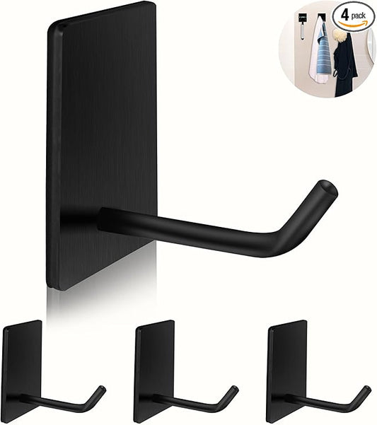 Adhesive Hooks Heavy Duty, Long Stainless Steel Self Adhesive Wall Hook, Sticky Towel Hangers for Kitchen Bathroom, Waterproof Stick on Door Hooks for Hanging Key Hat Coat 4Pack(Black)