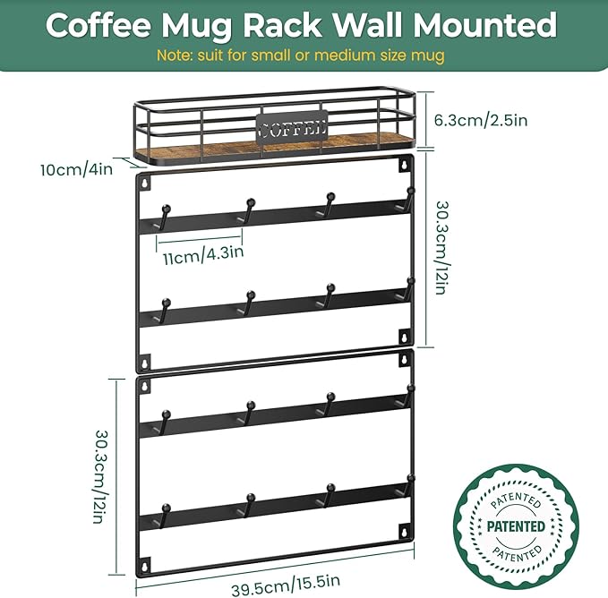 EsLuker.ly Wall Mounted Mug Hanger Rack With Hooks, Coffee Cup Holder Display, Shelf for Kitchen Coffee Bar Organizer, Space-Saving Hanging Storage for 16 Cups, Black-NeatNest