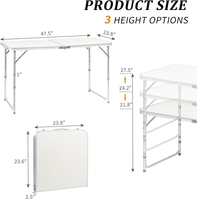 Aluminum Folding Table, Multipurpose Picnic Camping Table, Portable and Adjustable Rectangle Table for Party, Beach, Backyard, BBQ, Indoor and Outdoor, White (4FT-47.2 x 23.6 x 21.3-27.6”)-NeatNest
