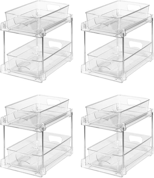 4 Pack Clear Bathroom Organizers and Storage, 2 Tier Pull Out Under Sink Cabinet Organizer Plastic Drawer Organization and Storage for Bathroom and Kitchen-NeatNest