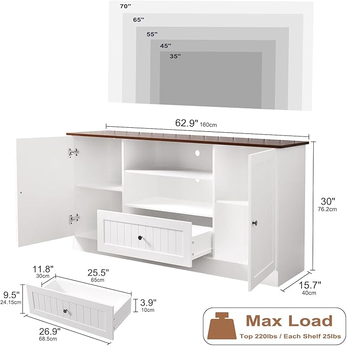 63 in Farmhouse TV Stand for TVs up to 70 Inch, Modern Entertainment Center with Storage Drawer and Open Shelves, Shaker Door TV Console Media Cabinet for Living Room, Bedroom, White-NeatNest