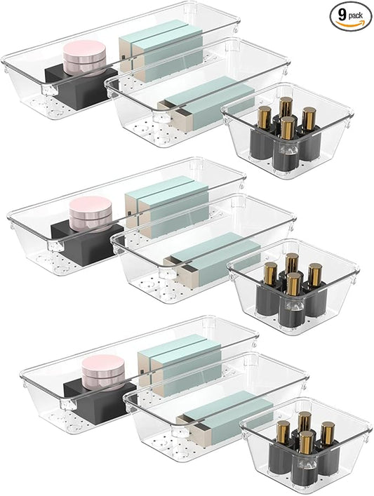 9 Pcs Clear Drawer Organizer Set, 3 Size Acrylic Drawer Storage Trays, Storage Tray for Makeup, Kitchen, Gadgets, Office-NeatNest