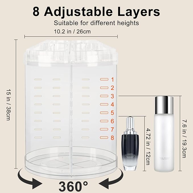AMEITECH Makeup Organizer, 360 Degree Rotating Adjustable Cosmetic Storage Display Case with 8 Layers Large Capacity, Fits cosmetics, Makeup Brushes, Lipsticks and More, Clear