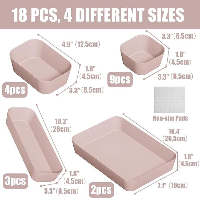 Plastic Drawer Organizers, 18 PCS Bathroom Drawer Organizer Bins, Desk and Vanity Organizer Plastic Tray, Makeup organizer and storage for Bedroom, Kitchen Gadgets Utensils and Office (Pink)-NeatNest