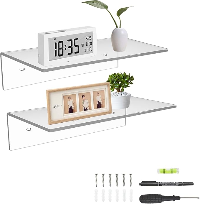 12 Inches Acrylic Wall Shelves 2 Pack, Floating Shelf for Wall Mounting, Acrylic Display Ledges for Funko Pop Figures, Home Décor, Living Room, Gaming Room, Plants(12 inch, Clear)-NeatNest