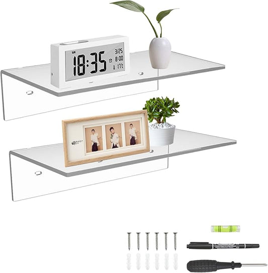 12 Inches Acrylic Wall Shelves 2 Pack, Floating Shelf for Wall Mounting, Acrylic Display Ledges for Funko Pop Figures, Home Décor, Living Room, Gaming Room, Plants(12 inch, Clear)-NeatNest
