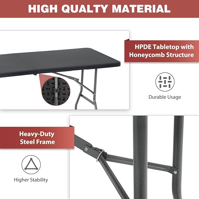 Folding Table 6 FT Heavy Duty Plastic Foldable Table with Carrying Handle for Garden Party Picnic Camping BBQ Dining Kitchen Wedding Market Events, Black-NeatNest