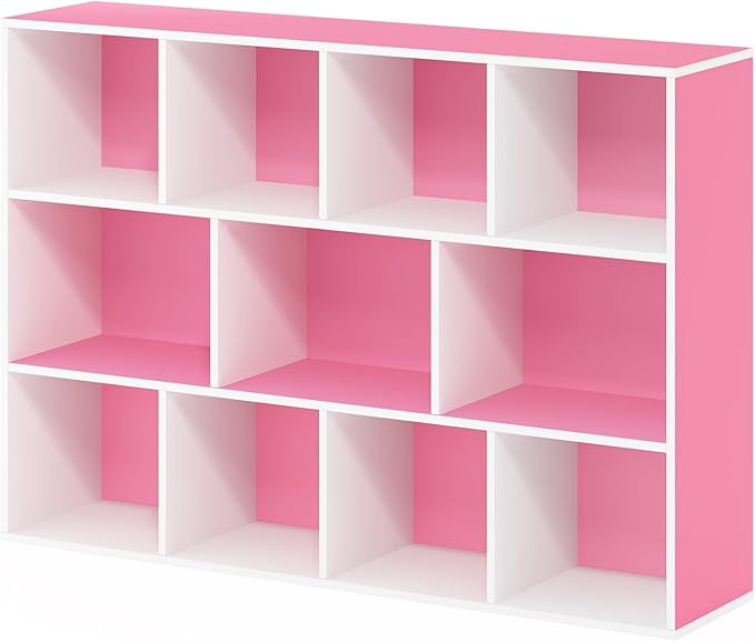 Furinno Luder Bookcase / Book / Storage , 11-Cube, White/Pink-NeatNest