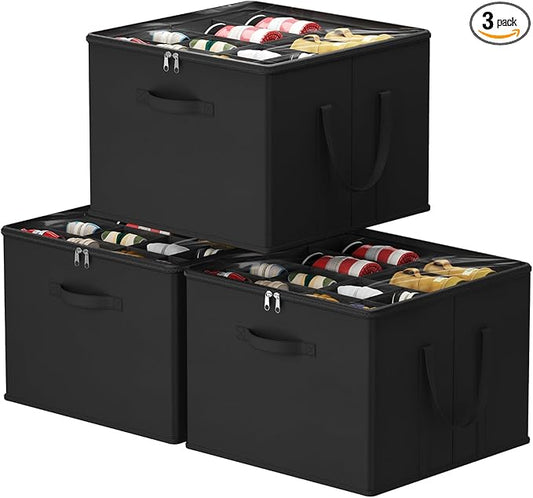 Lifewit Shoe Storage Organizer for Closet, Fits 12-16 Pairs, Large Shoe Box Storage Containers with Clear Cover and Reinforced Handles, Foldable Storage Bins Fit for Boots Heels Sneakers, 3 Pack Black-NeatNest
