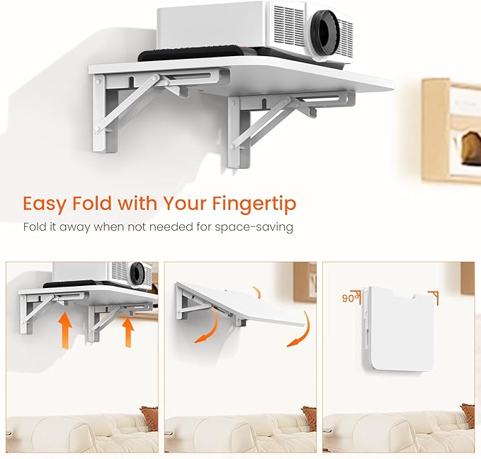 Homode Projector Shelf for Wall, Wood Folding Wall Mount Shelf, Holds Up to 30lbs, Floating Entertainment Shelves for DVD Players, Cable Boxes, Game Consoles, Living Room Decor Accessories, White