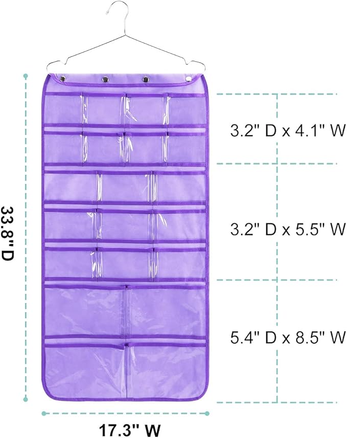 Dual Sided Hanging Organizer for Jewelry Makeup Storage Closet Organizers for Bows Socks Underwear with 42 Clear Pockets (PURPLE)-NeatNest