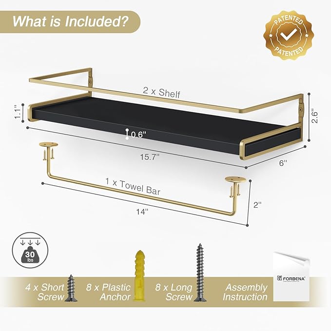 Forbena 2-Pack Black and Gold Contemporary Floating Shelves for Wall, Bathroom, Kitchen, Home Decor (Black and Gold)-NeatNest