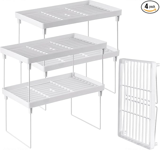 NiHome 4-Pack Stackable Plastic Kitchen Storage Shelf Foldable Rack - White Kitchen Cabinet Organizer and Storage Shelves Stackable Expandable Storage Racks for Counter Cabinet Pantry-NeatNest